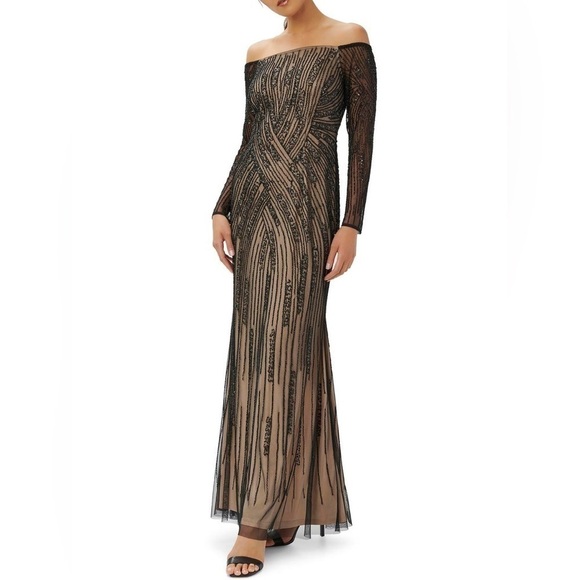 ADRIANNA PAPELL Beaded Off-The-Shoulder Evening Dress Size 2 - Picture 3 of 12